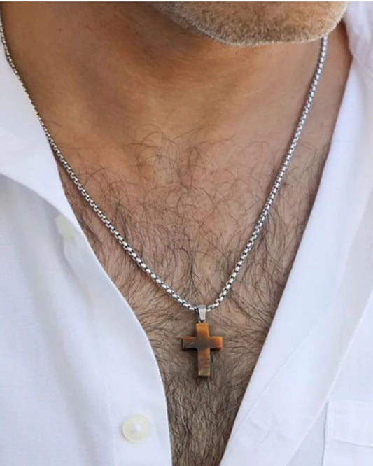 Collar Hombre Plateado Cruz